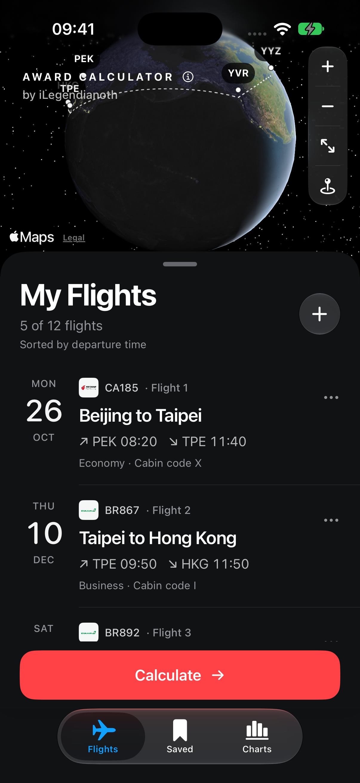 Award Calculator route globe and five-flight itinerary