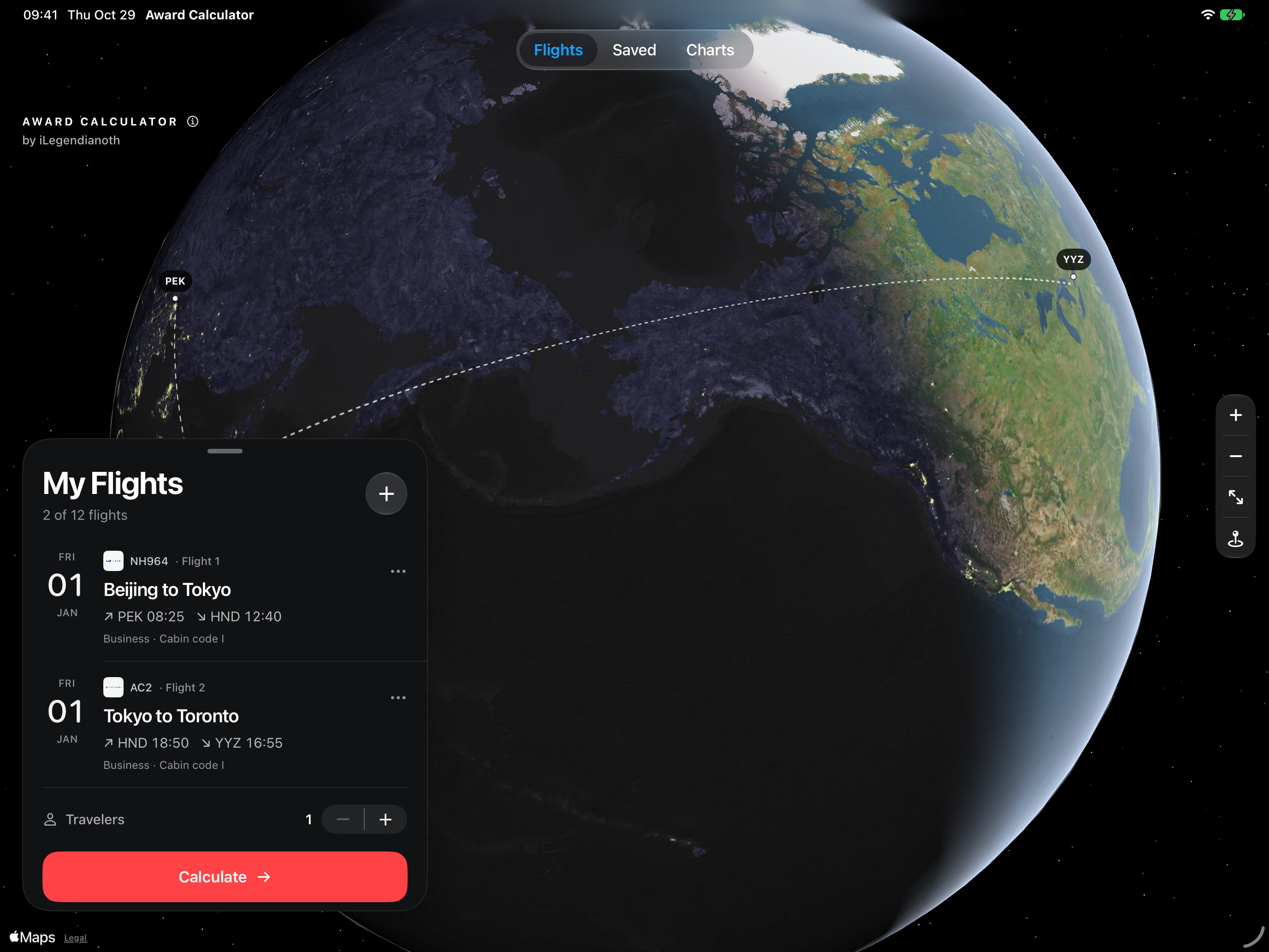 Award Calculator native iPad map and floating flight panel