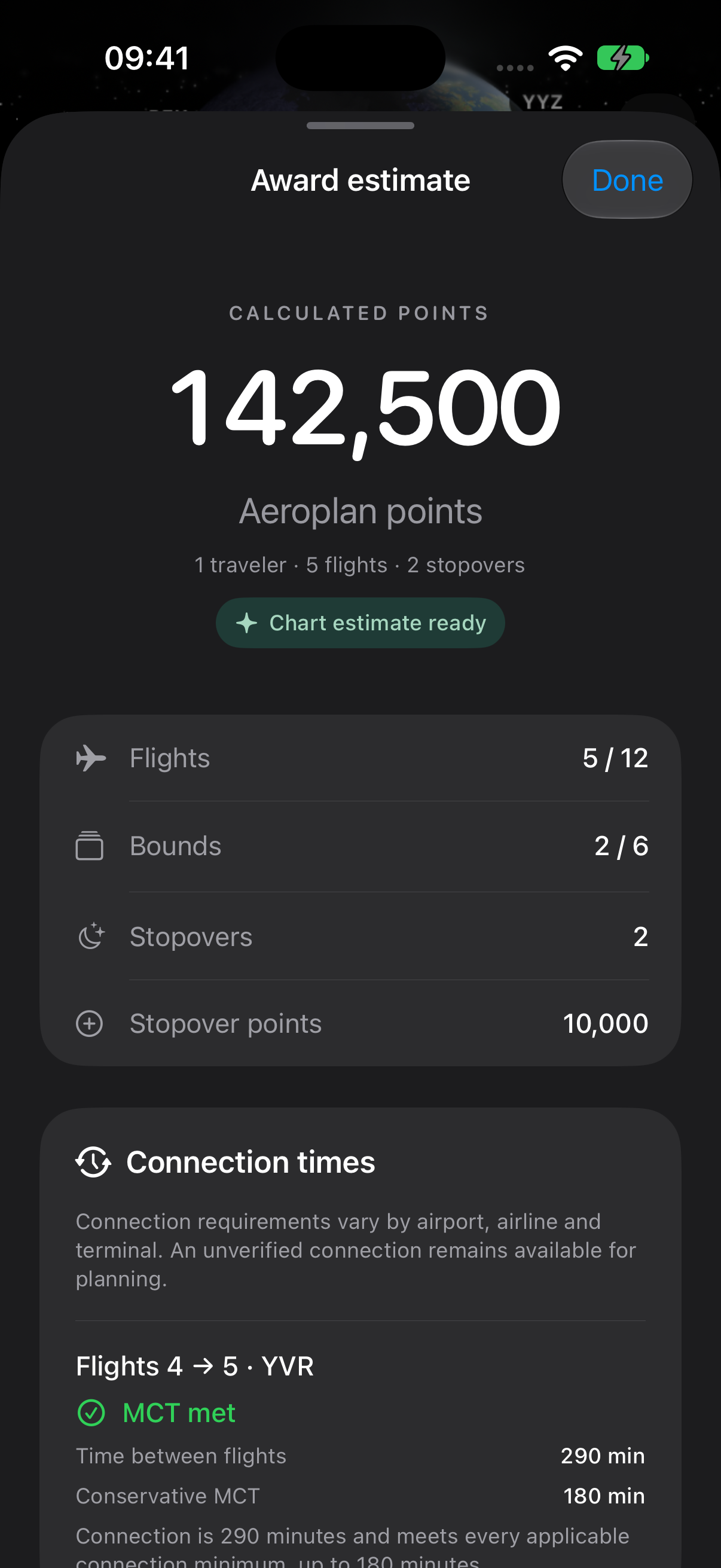 Award Calculator calculated itinerary and points breakdown